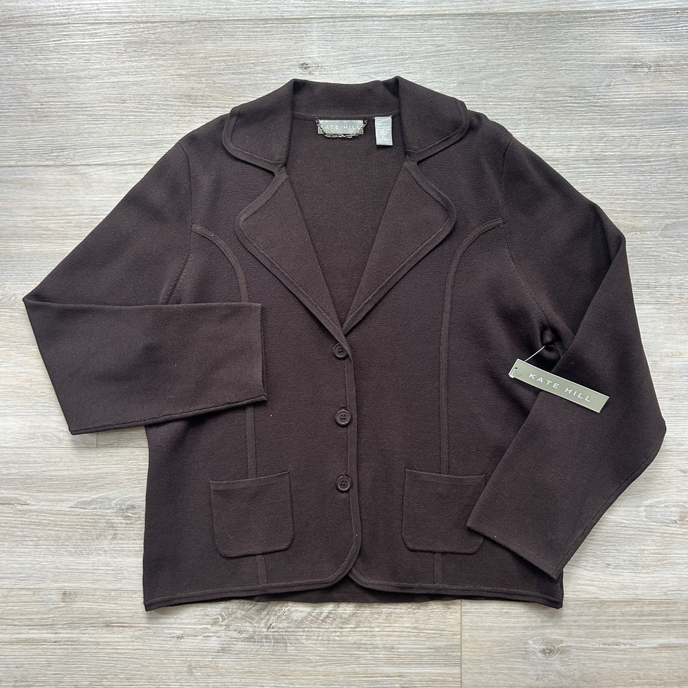 NWT Kate Hill Women XL Silk Blend Brown Blazer Cardigan Black Minimalist Classic